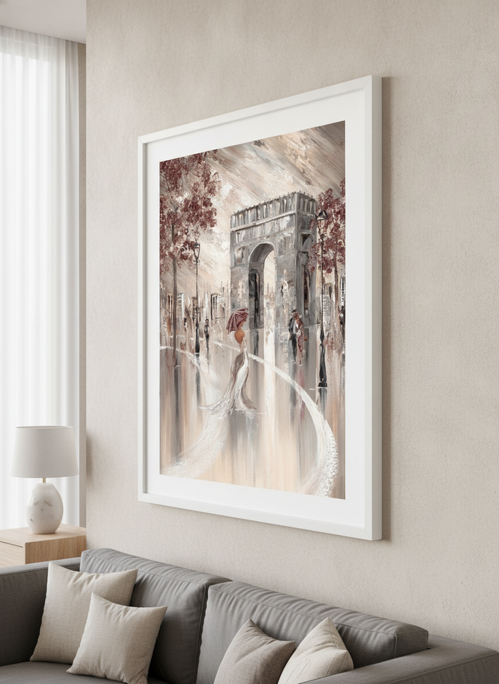 Modern wall art styled above a sofa in a neutral living room