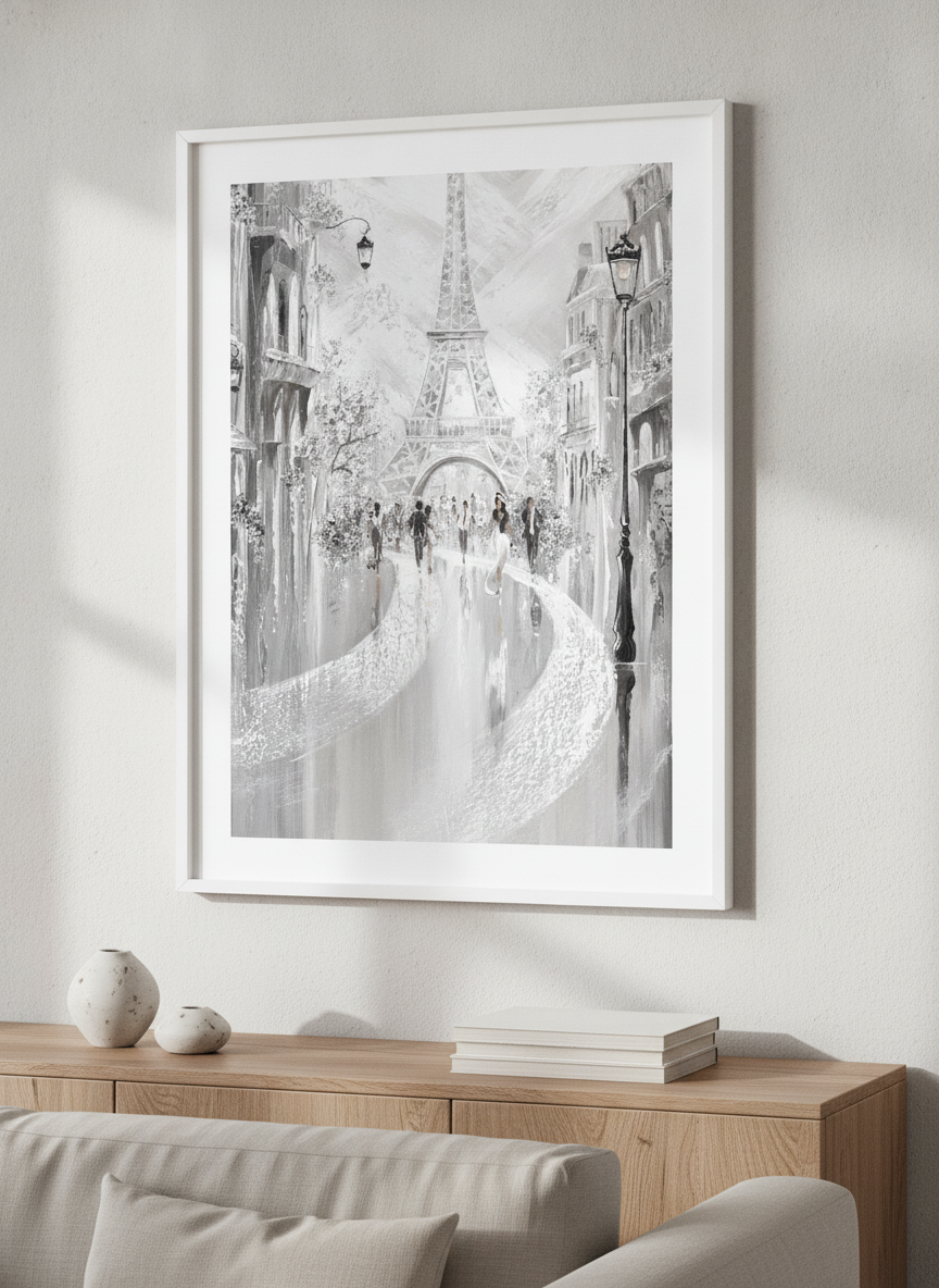 Modern wall art styled above a sofa in a neutral living room