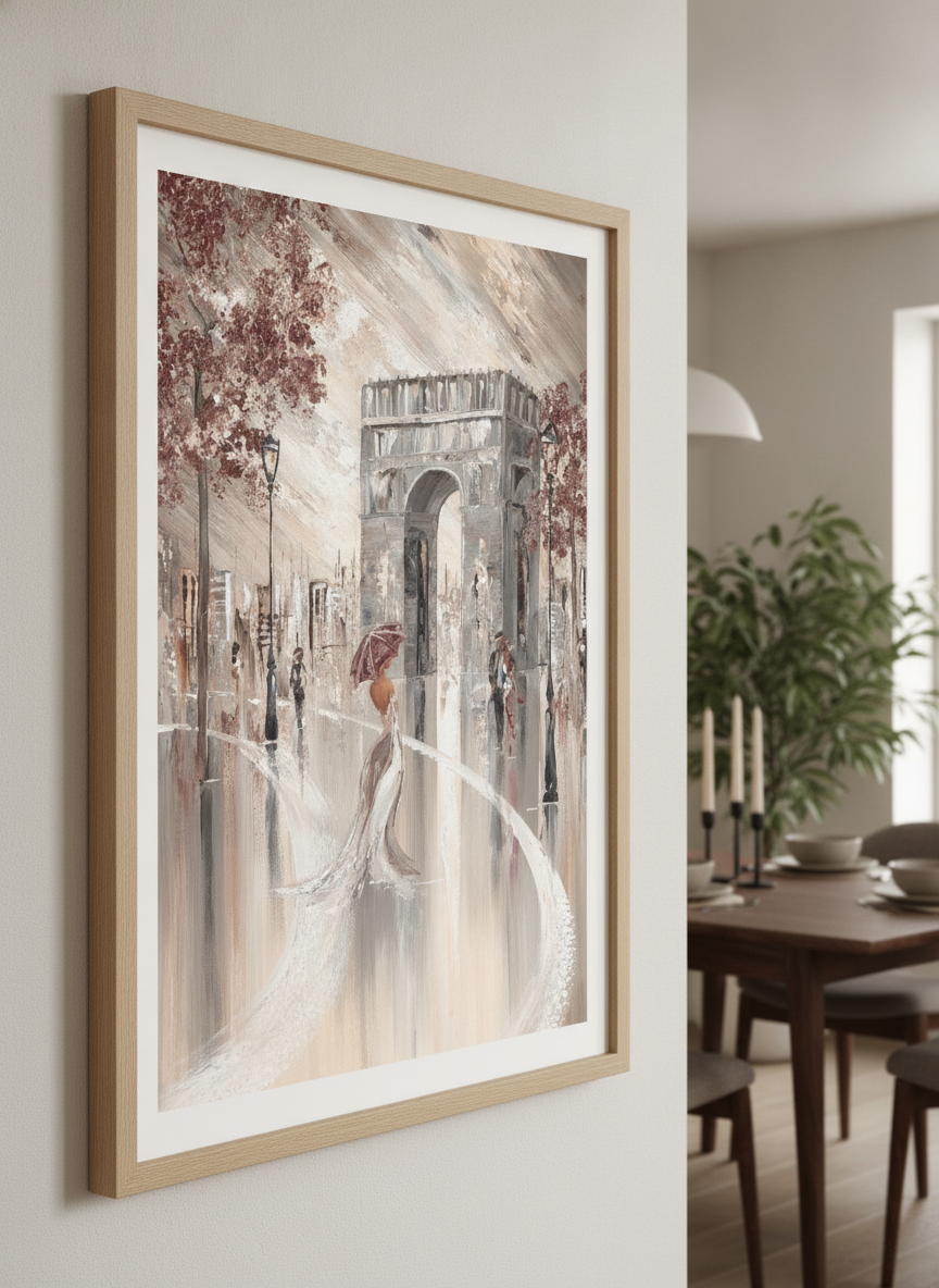 Wall art styled above a dining table in a contemporary home
