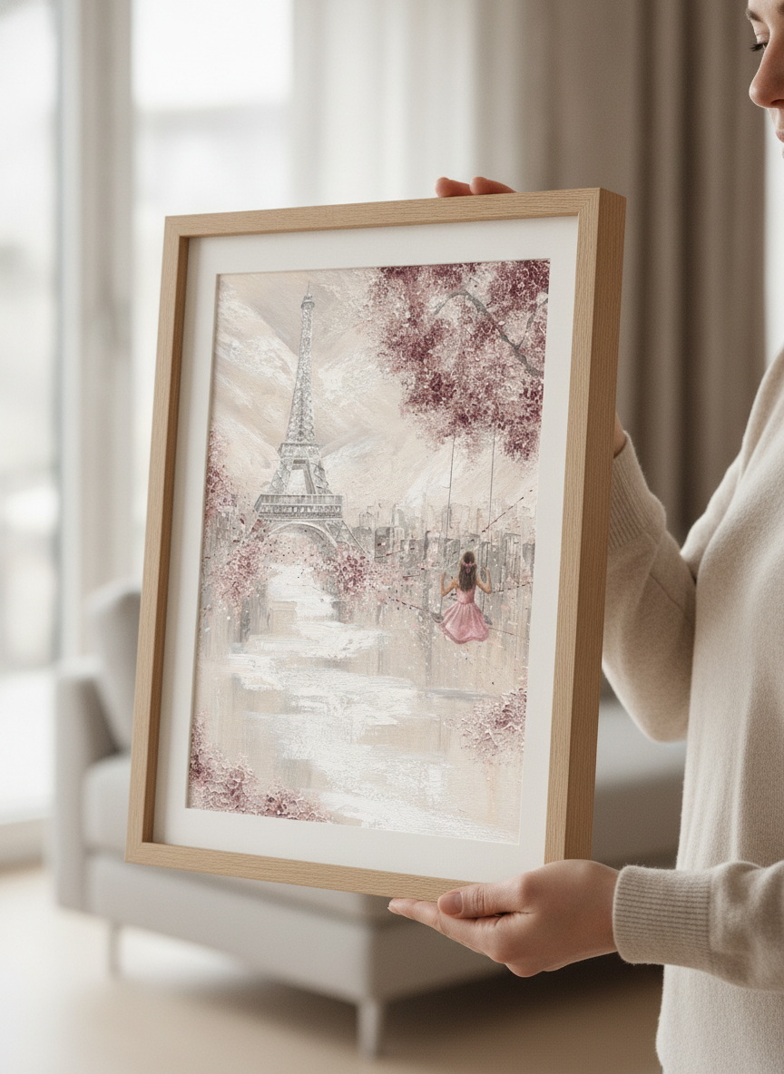 Person showcasing the artwork against a clean modern interior wall