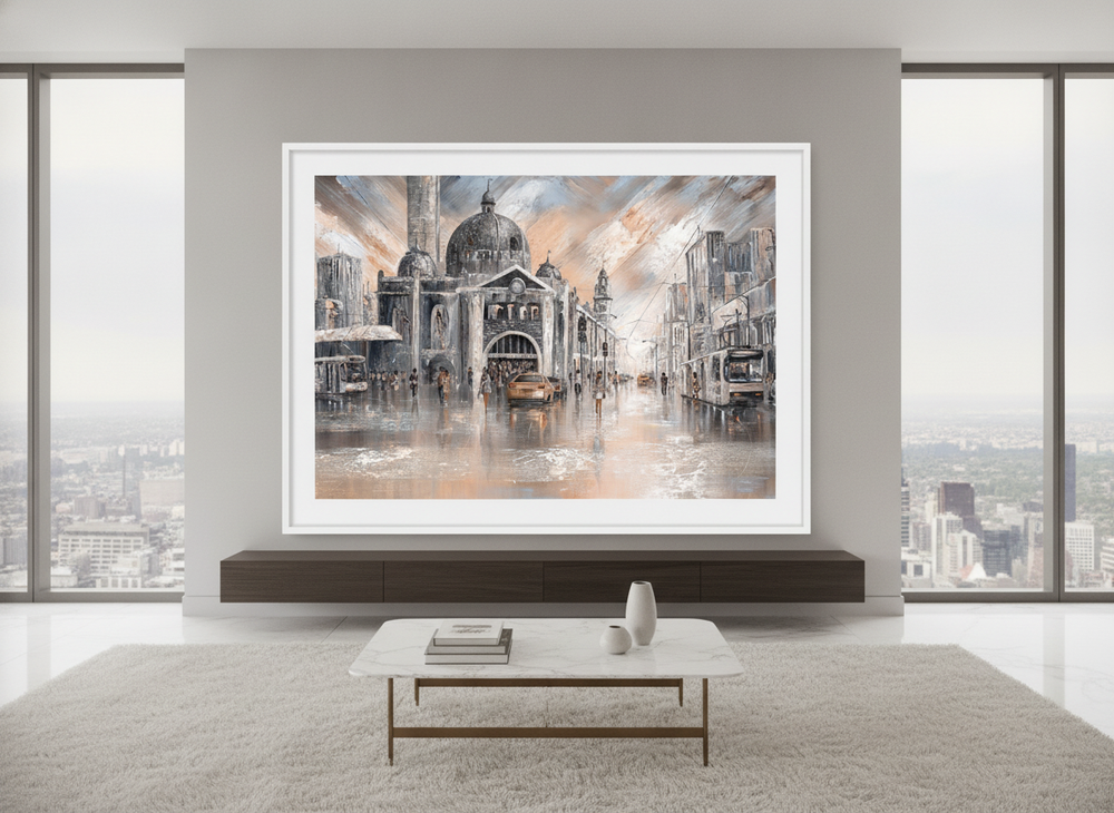 Monumental artwork centred on a feature wall in a luxe interior