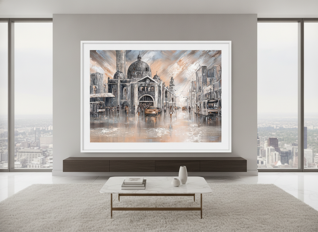 Monumental artwork centred on a feature wall in a luxe interior