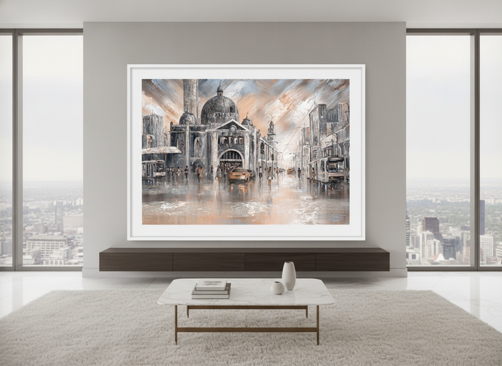 Monumental artwork centred on a feature wall in a luxe interior