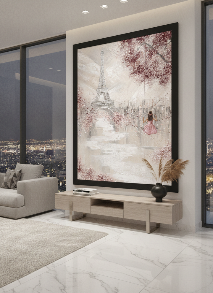 Monumental artwork centred on a feature wall in a luxe interior
