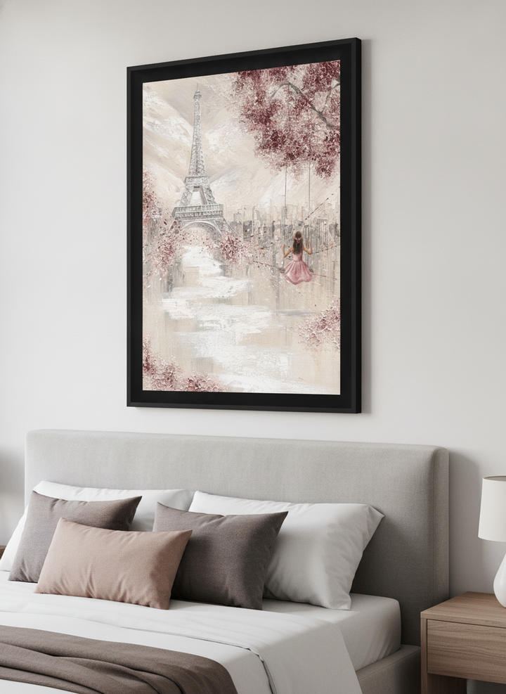 Minimalist artwork displayed in a calm, light-filled bedroom interior