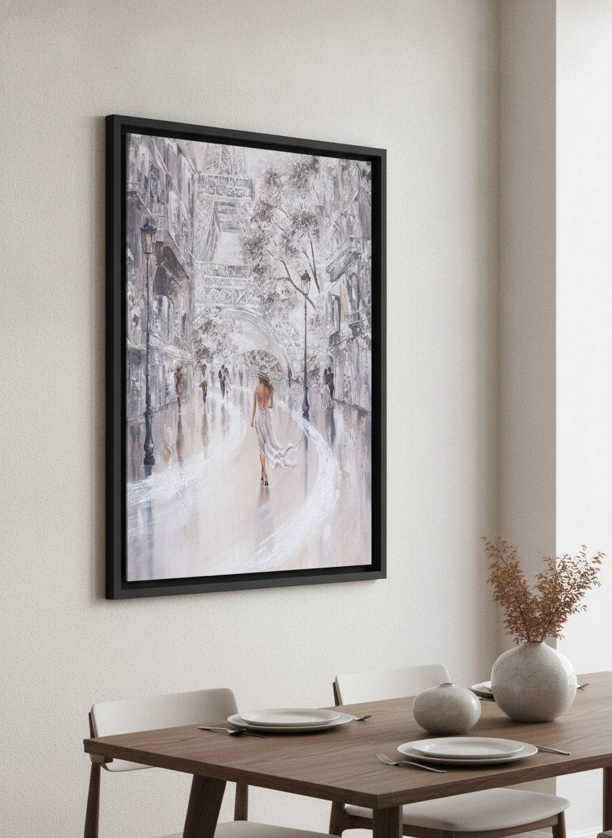 Wall art styled above a dining table in a contemporary home