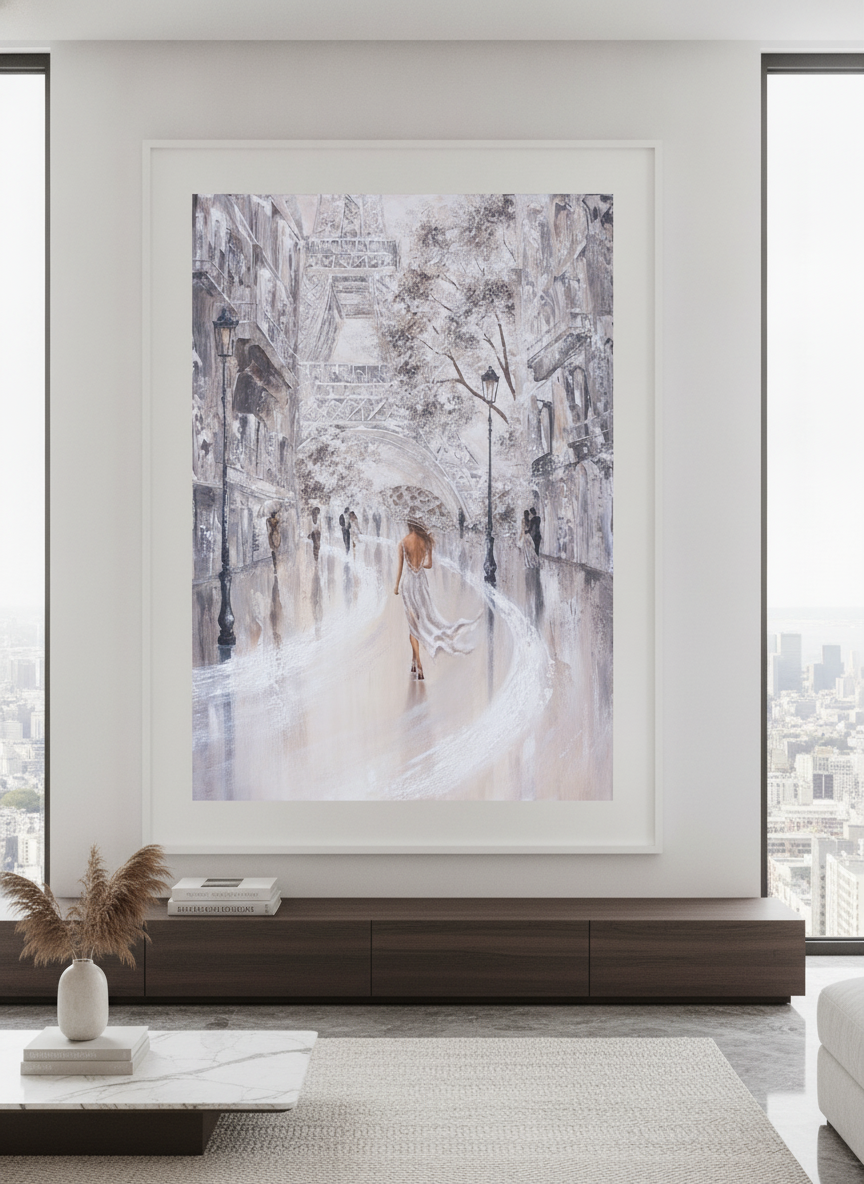Monumental artwork centred on a feature wall in a luxe interior