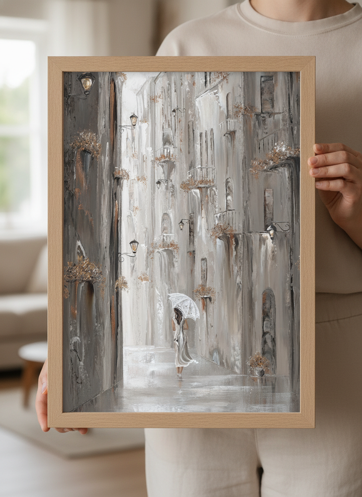 Person showcasing the artwork against a clean modern interior wall