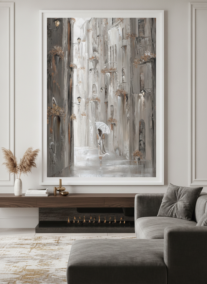 Monumental artwork centred on a feature wall in a luxe interior