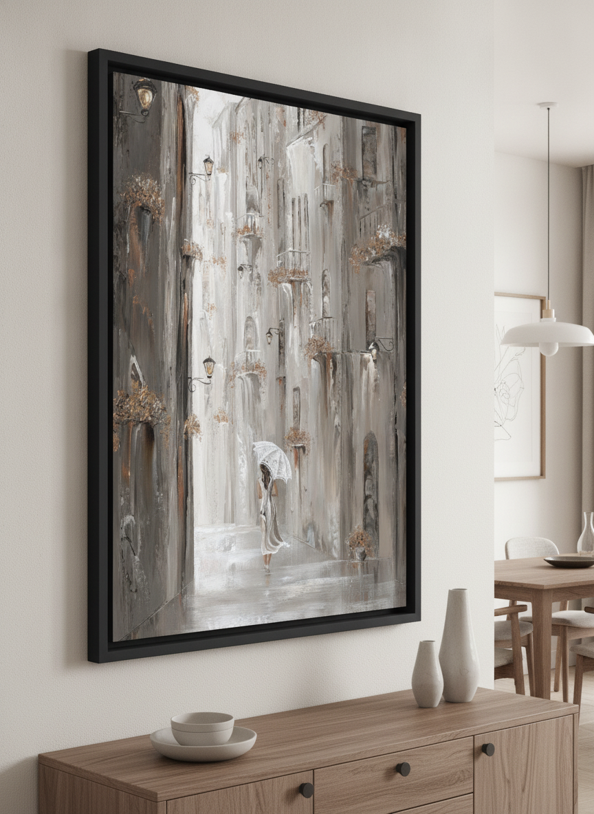 Wall art styled above a dining table in a contemporary home