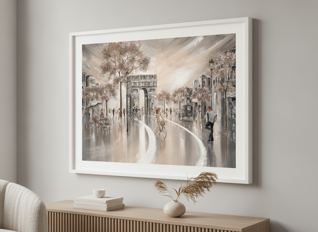 Modern wall art styled above a sofa in a neutral living room