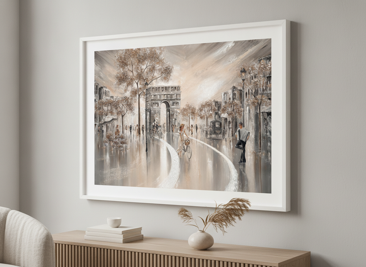 Modern wall art styled above a sofa in a neutral living room