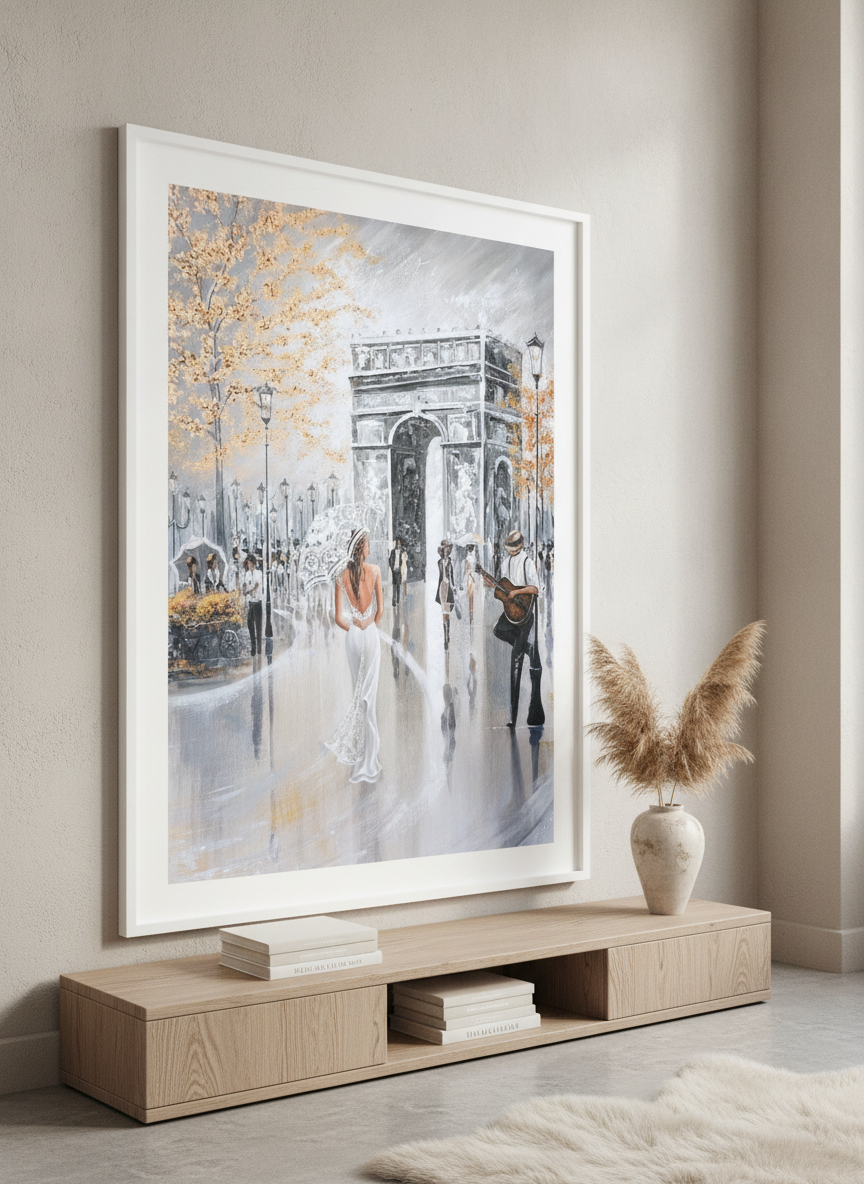 Monumental artwork centred on a feature wall in a luxe interior