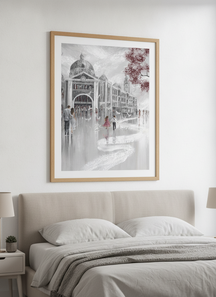 Minimalist artwork displayed in a calm, light-filled bedroom interior