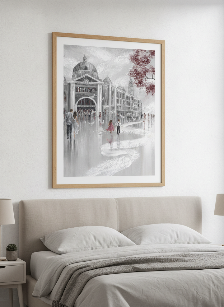 Minimalist artwork displayed in a calm, light-filled bedroom interior