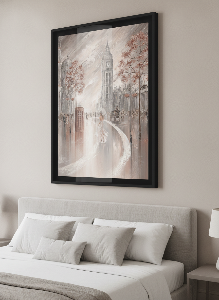 Minimalist artwork displayed in a calm, light-filled bedroom interior