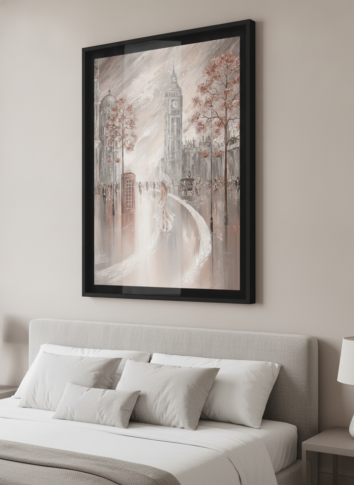 Minimalist artwork displayed in a calm, light-filled bedroom interior