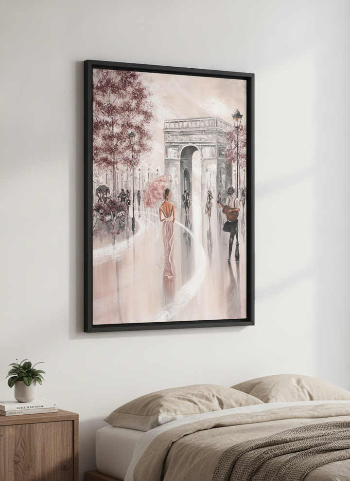 Minimalist artwork displayed in a calm, light-filled bedroom interior