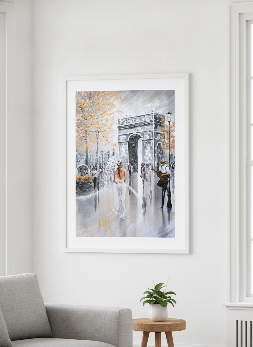 Modern wall art styled above a sofa in a neutral living room