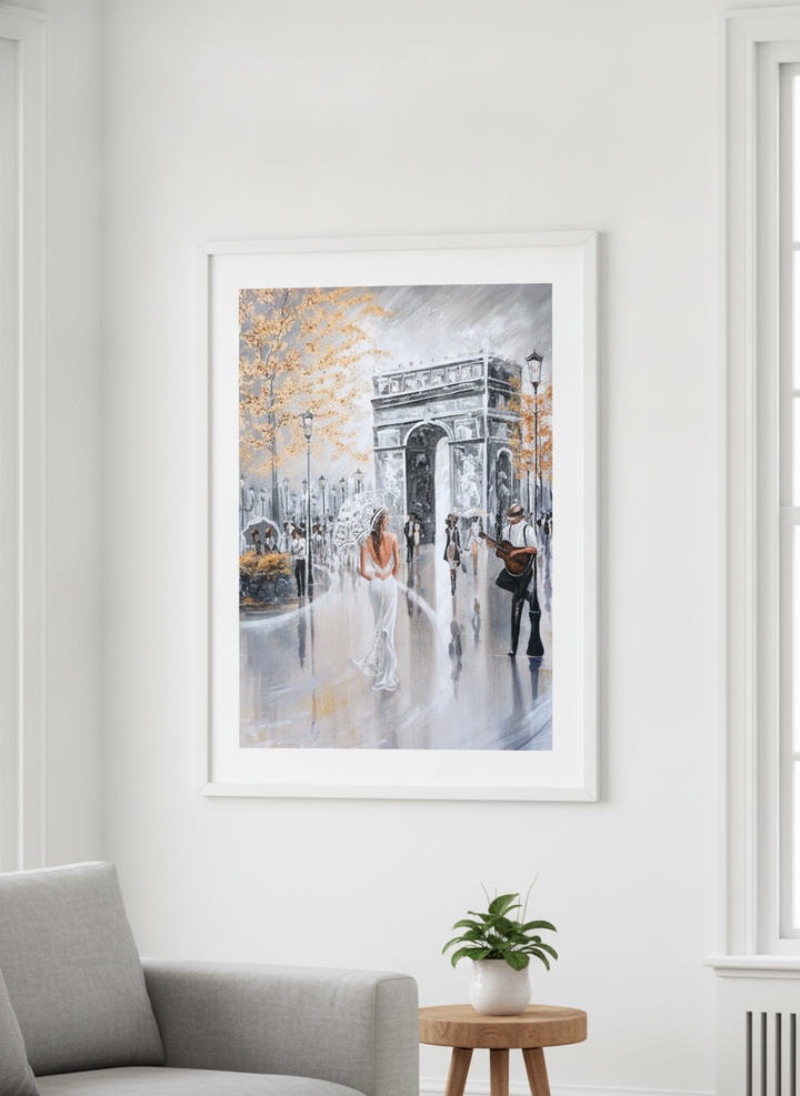 Modern wall art styled above a sofa in a neutral living room