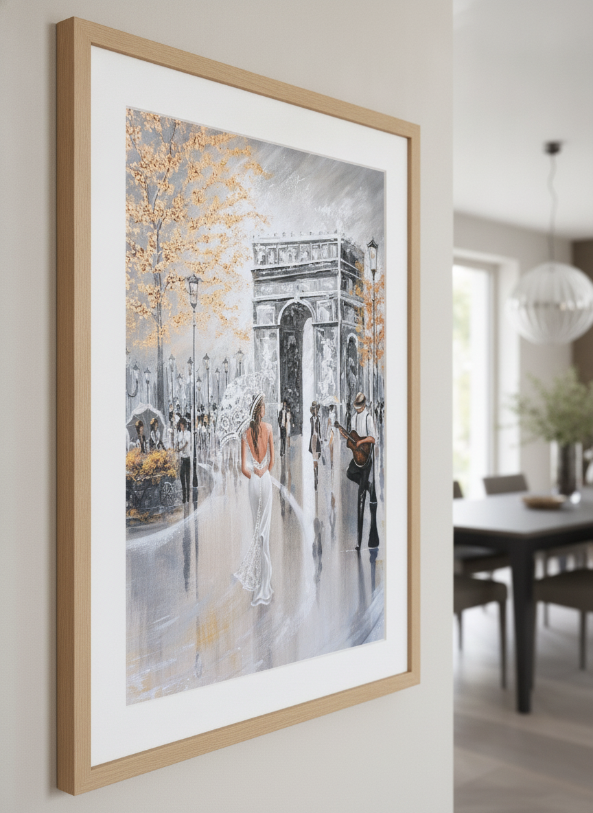 Wall art styled above a dining table in a contemporary home