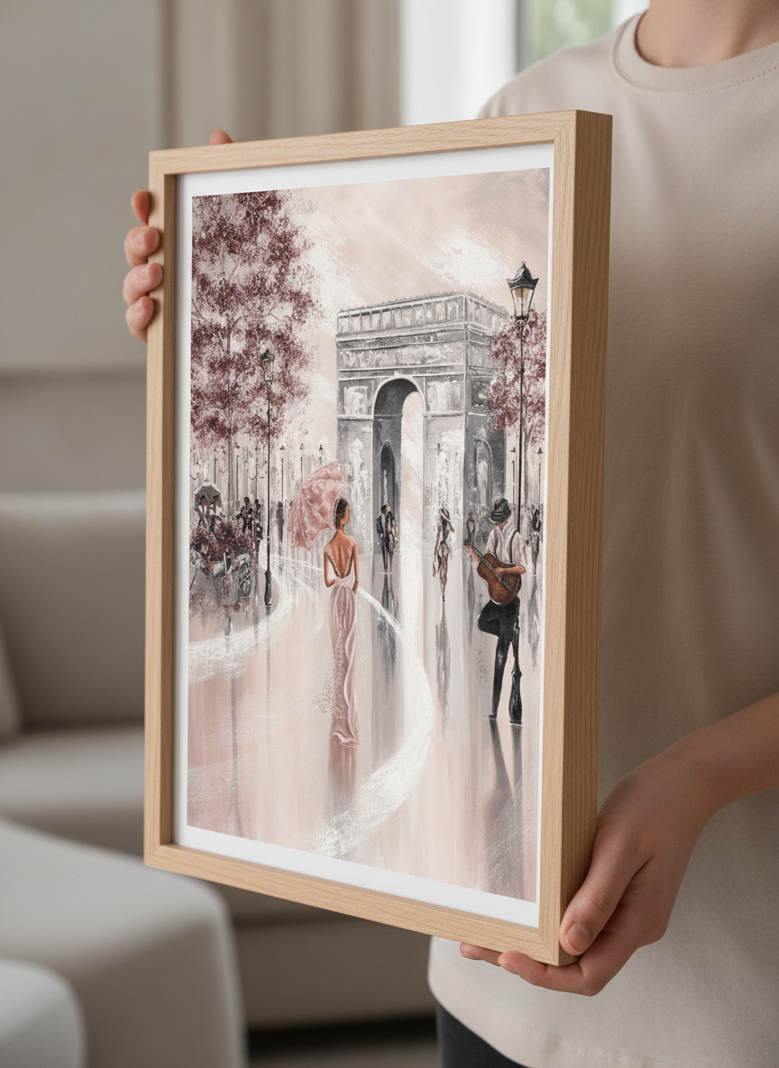 Person showcasing the artwork against a clean modern interior wall