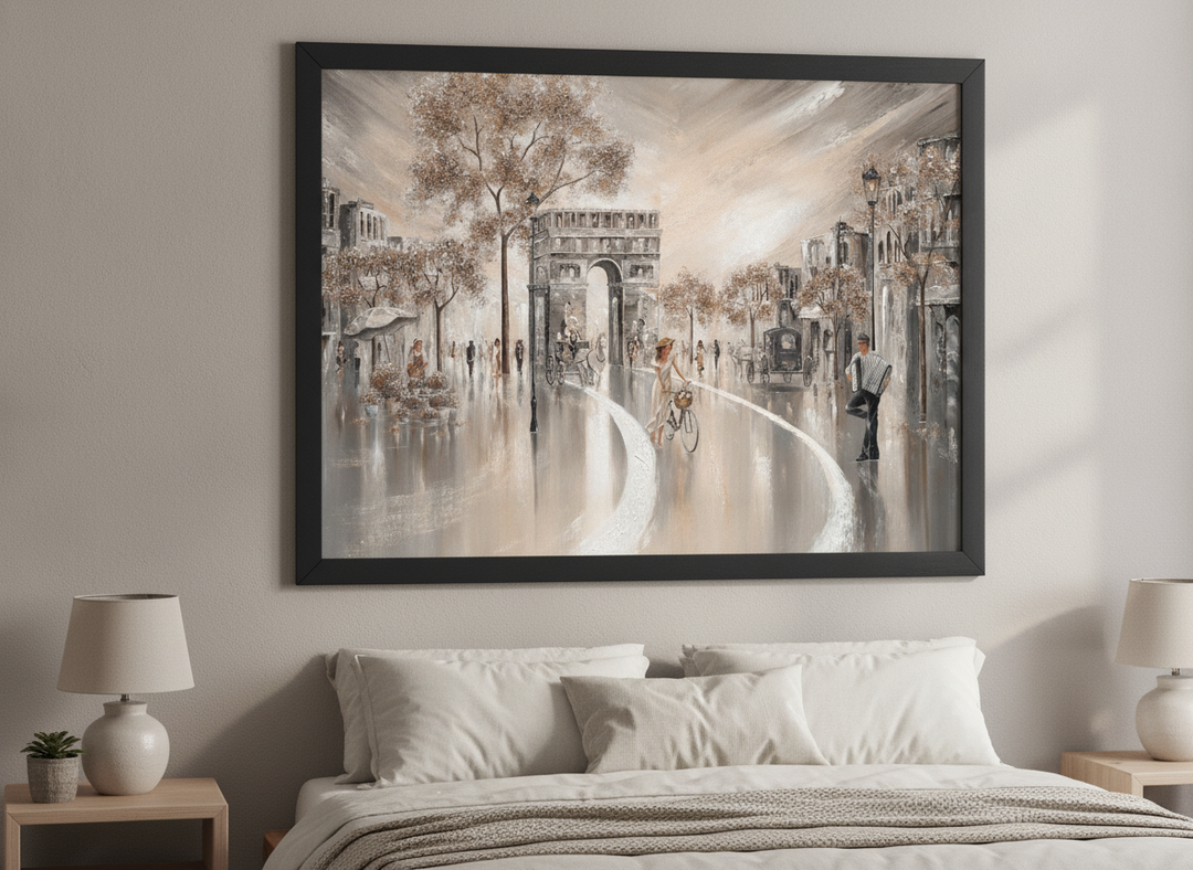 Minimalist artwork displayed in a calm, light-filled bedroom interior