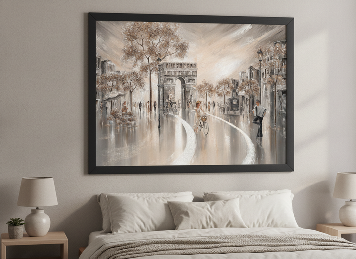 Minimalist artwork displayed in a calm, light-filled bedroom interior