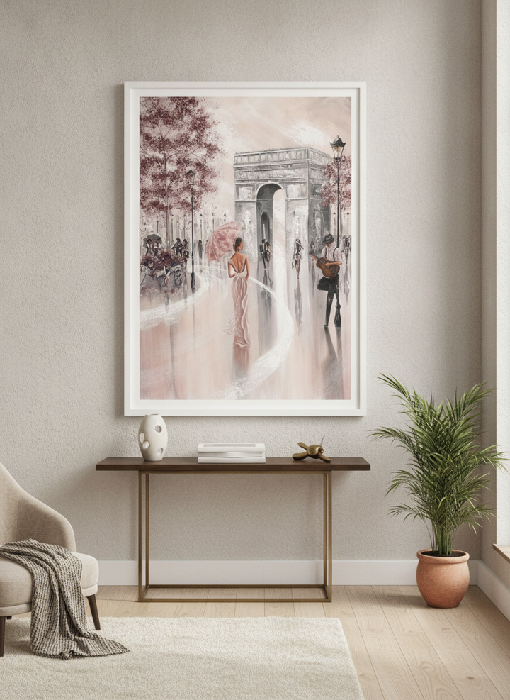Monumental artwork centred on a feature wall in a luxe interior