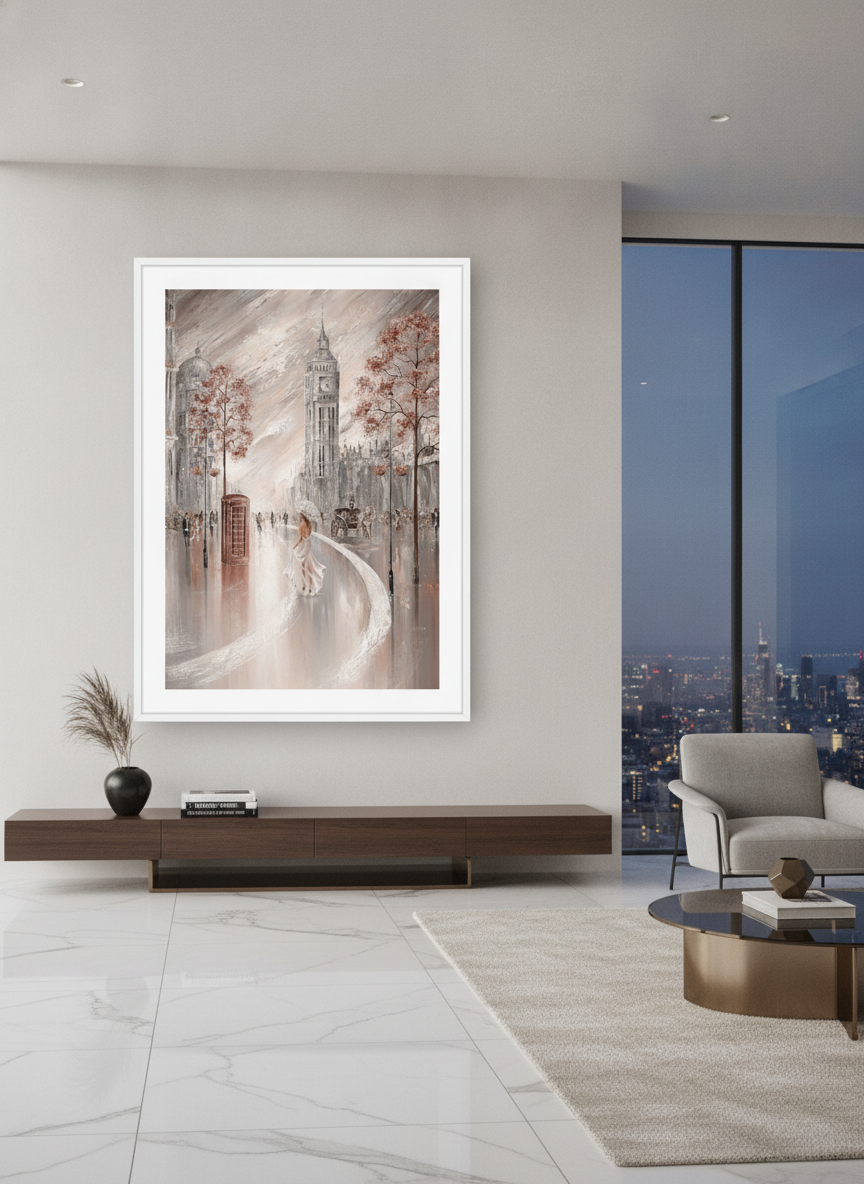 Monumental artwork centred on a feature wall in a luxe interior