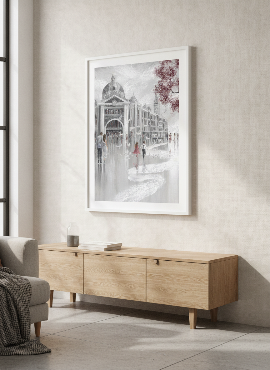 Artwork displayed above a credenza in a real-looking contemporary home