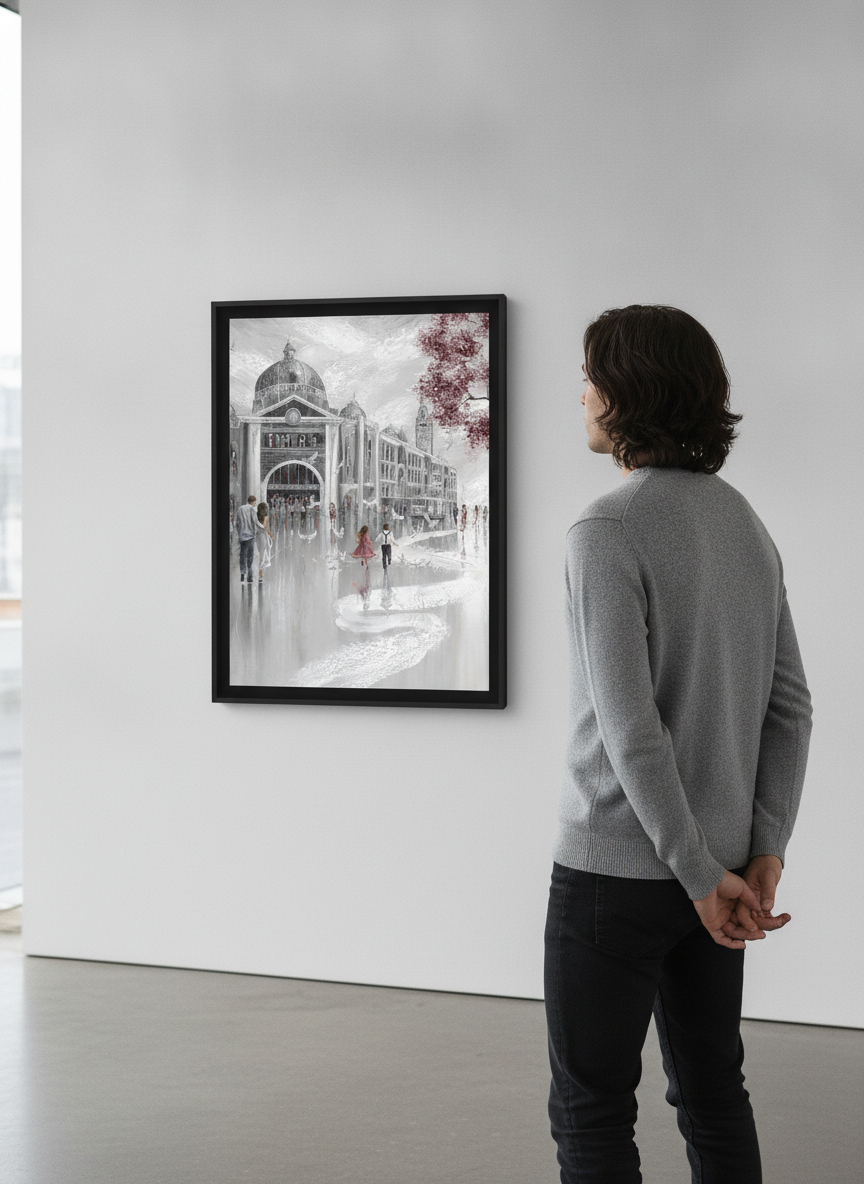 Person showcasing the artwork against a clean modern interior wall