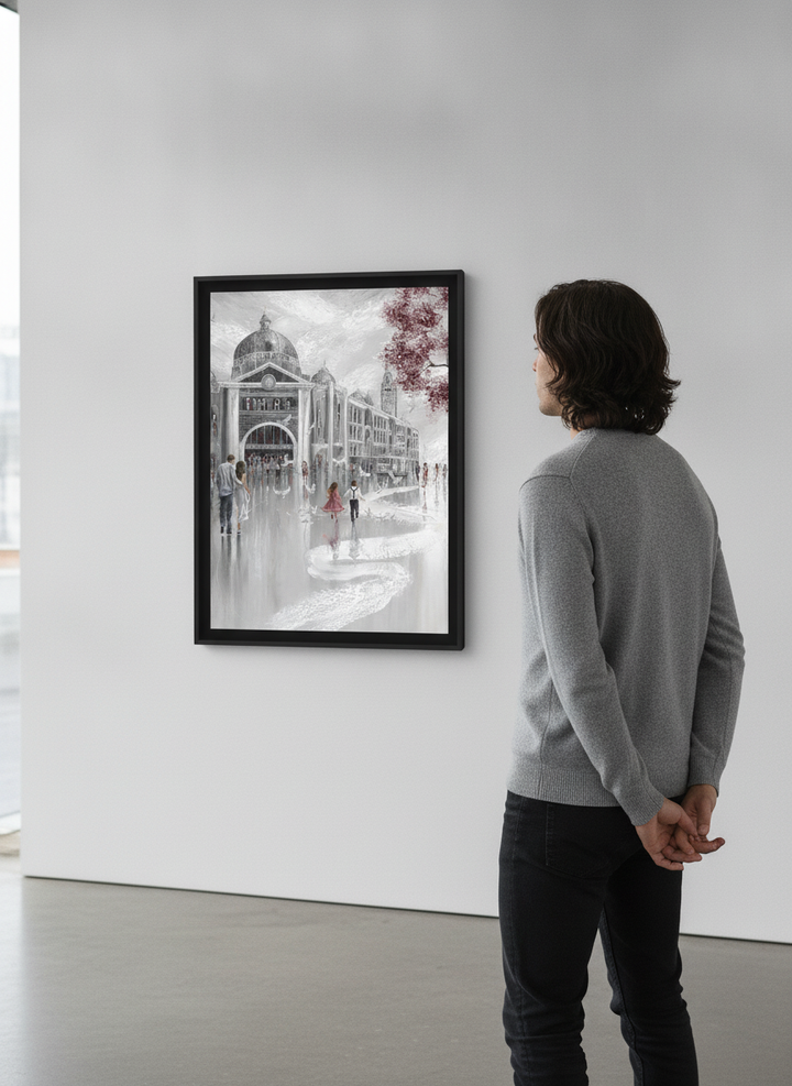 Person showcasing the artwork against a clean modern interior wall