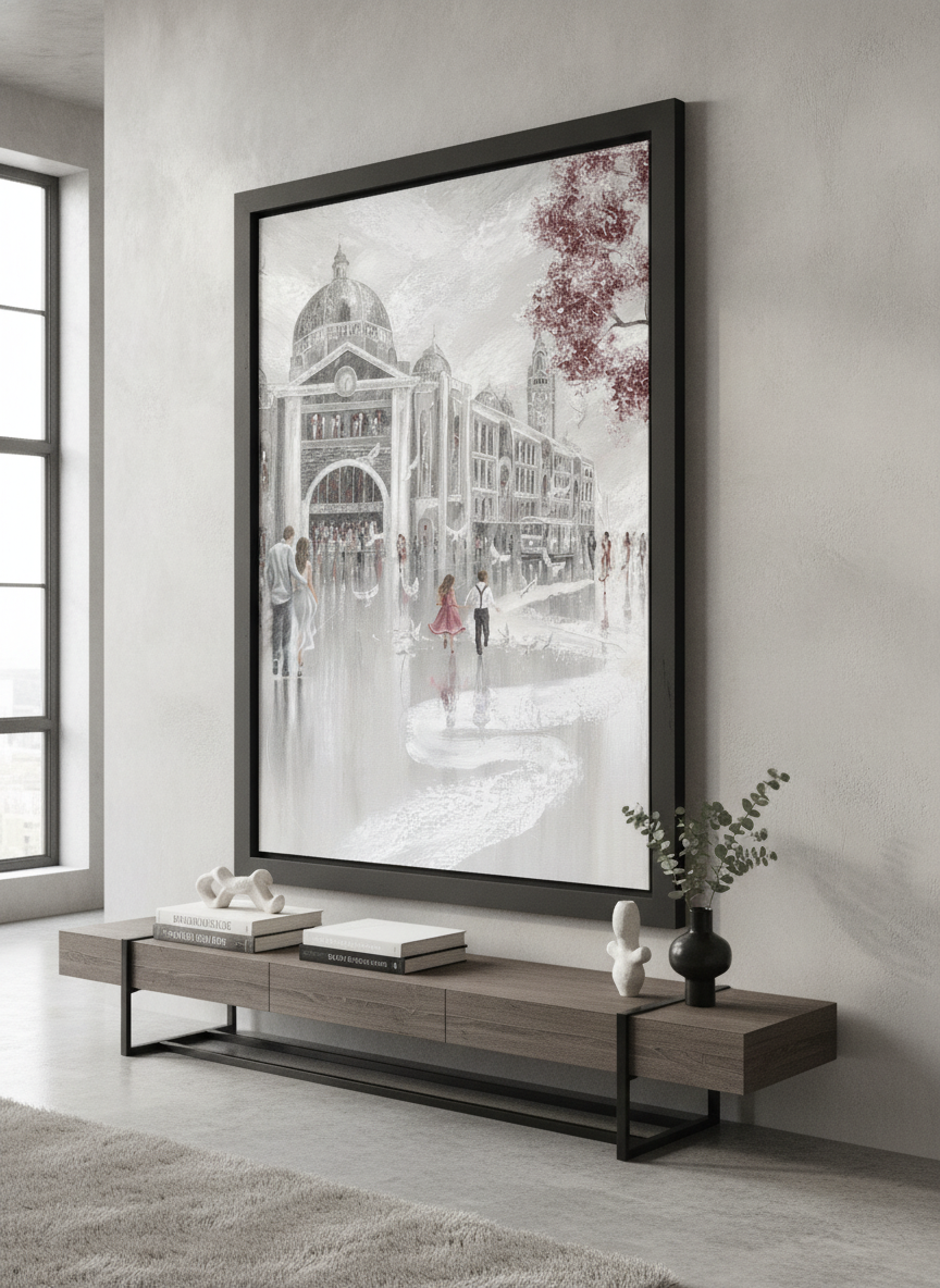 Monumental artwork centred on a feature wall in a luxe interior