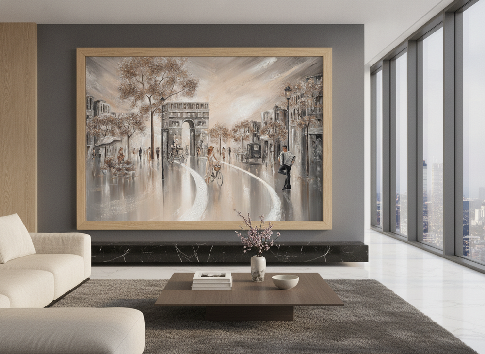 Monumental artwork centred on a feature wall in a luxe interior