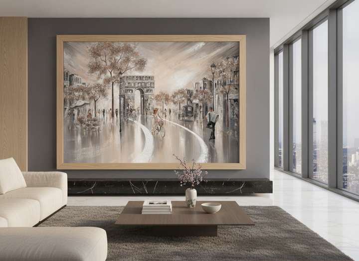 Monumental artwork centred on a feature wall in a luxe interior