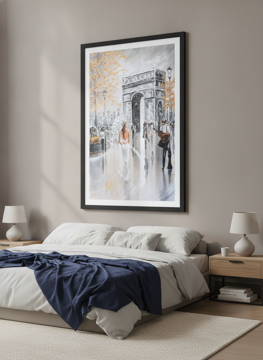 Minimalist artwork displayed in a calm, light-filled bedroom interior