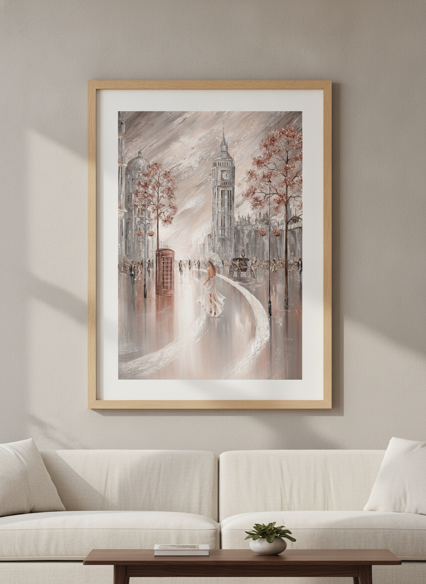Modern wall art styled above a sofa in a neutral living room