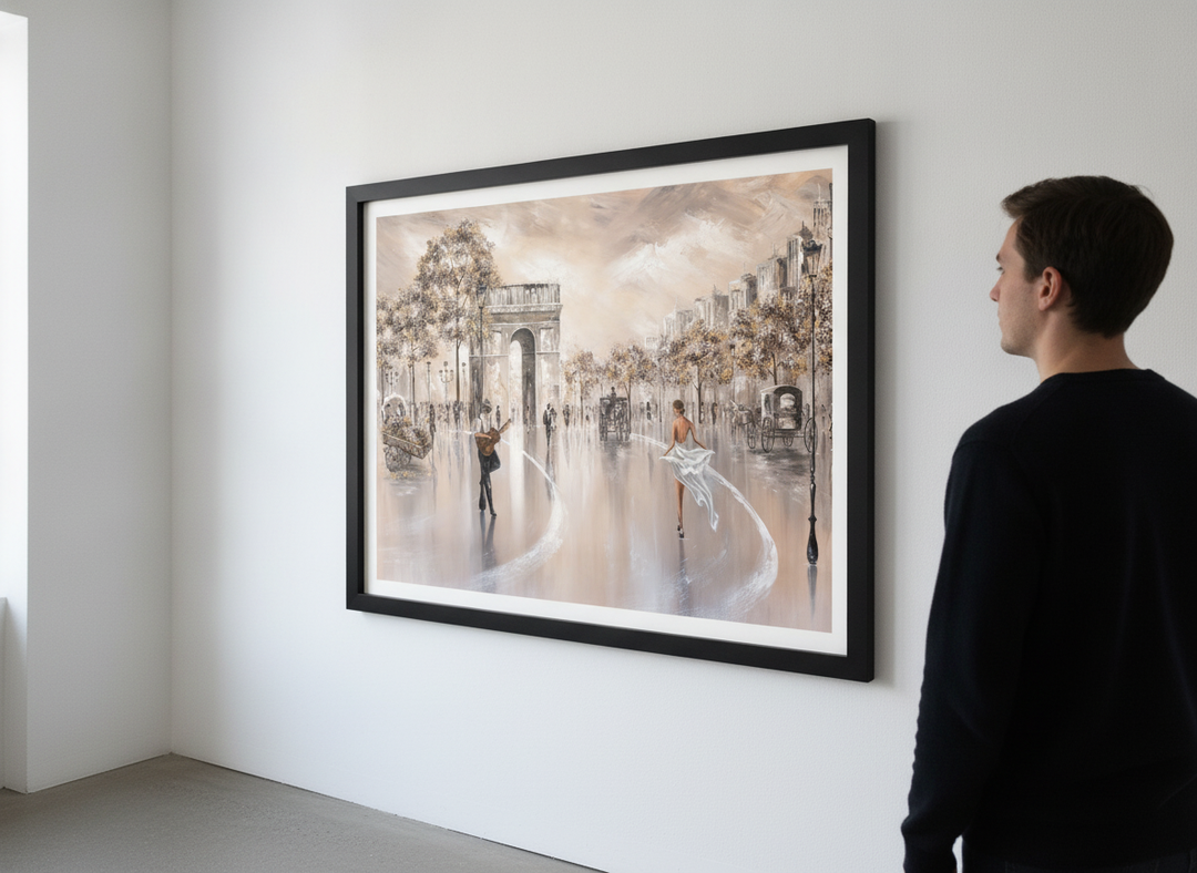 Person showcasing the artwork against a clean modern interior wall