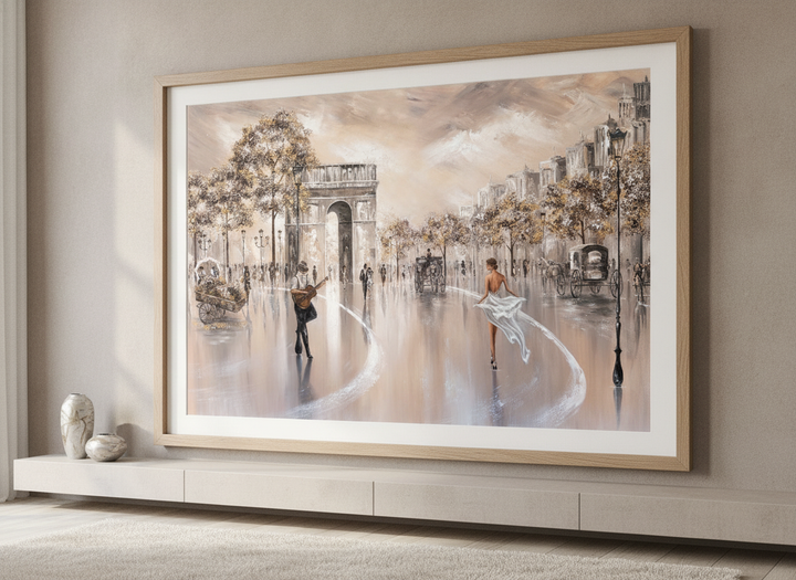 Modern wall art styled above a sofa in a neutral living room