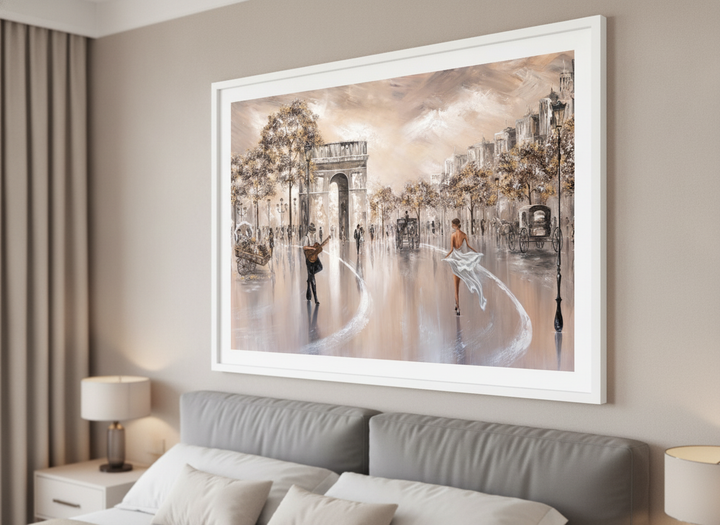Minimalist artwork displayed in a calm, light-filled bedroom interior
