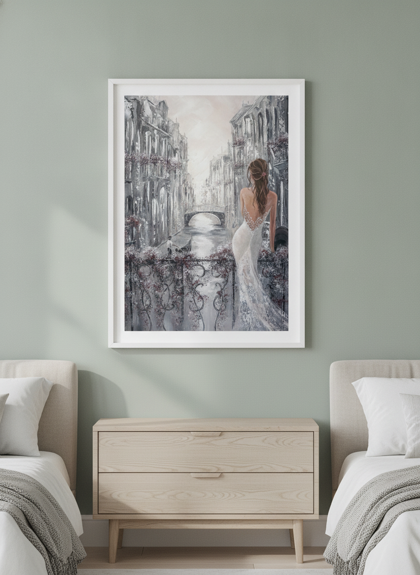 Minimalist artwork displayed in a calm, light-filled bedroom interior