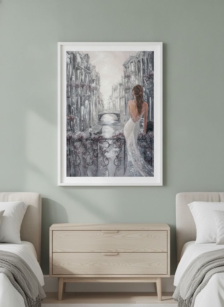Minimalist artwork displayed in a calm, light-filled bedroom interior