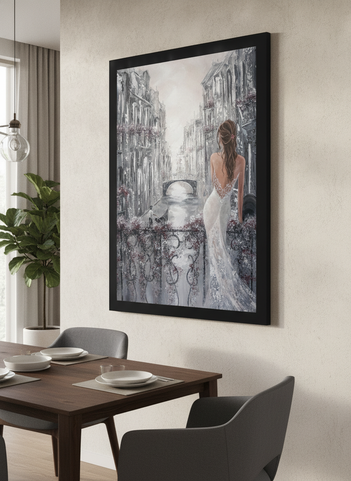 Wall art styled above a dining table in a contemporary home