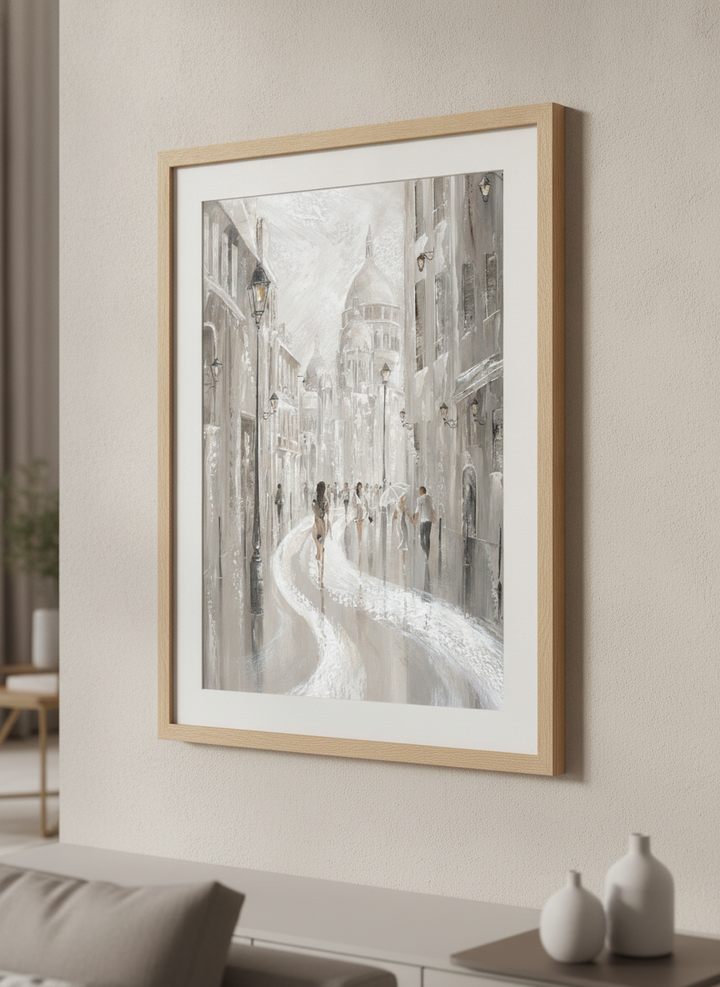 Modern wall art styled above a sofa in a neutral living room