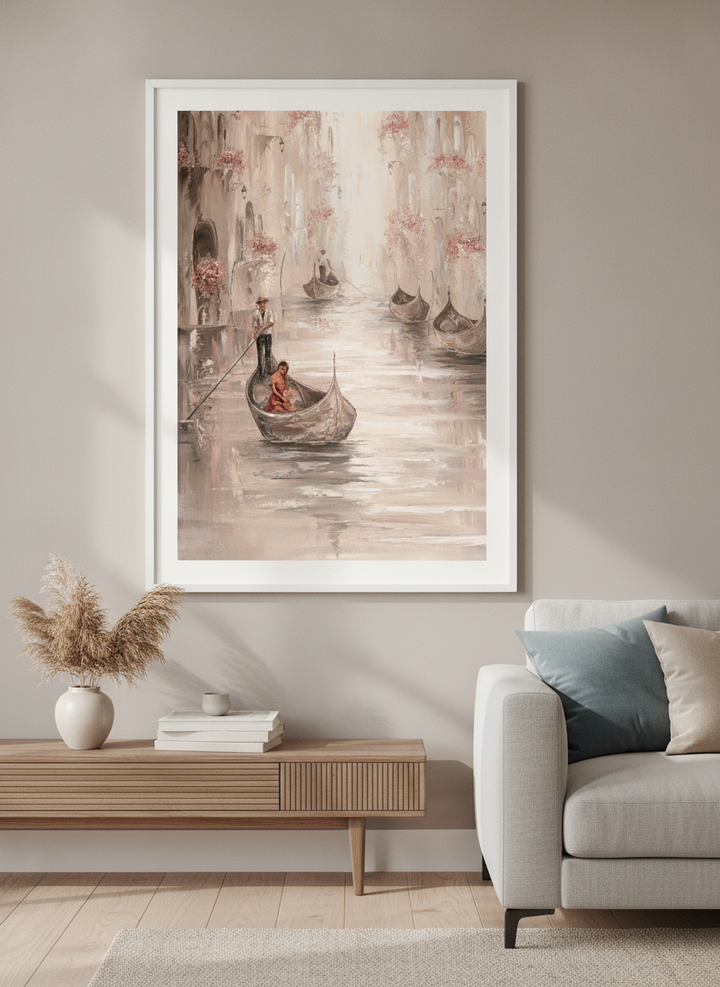 Modern wall art styled above a sofa in a neutral living room