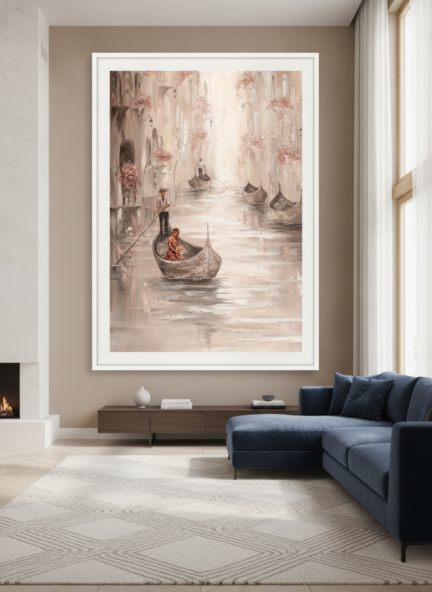 Monumental artwork centred on a feature wall in a luxe interior