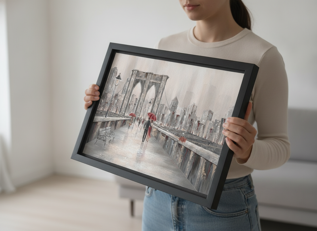 Person showcasing the artwork against a clean modern interior wall