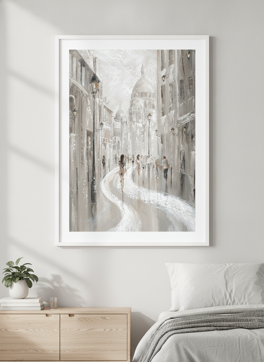 Minimalist artwork displayed in a calm, light-filled bedroom interior