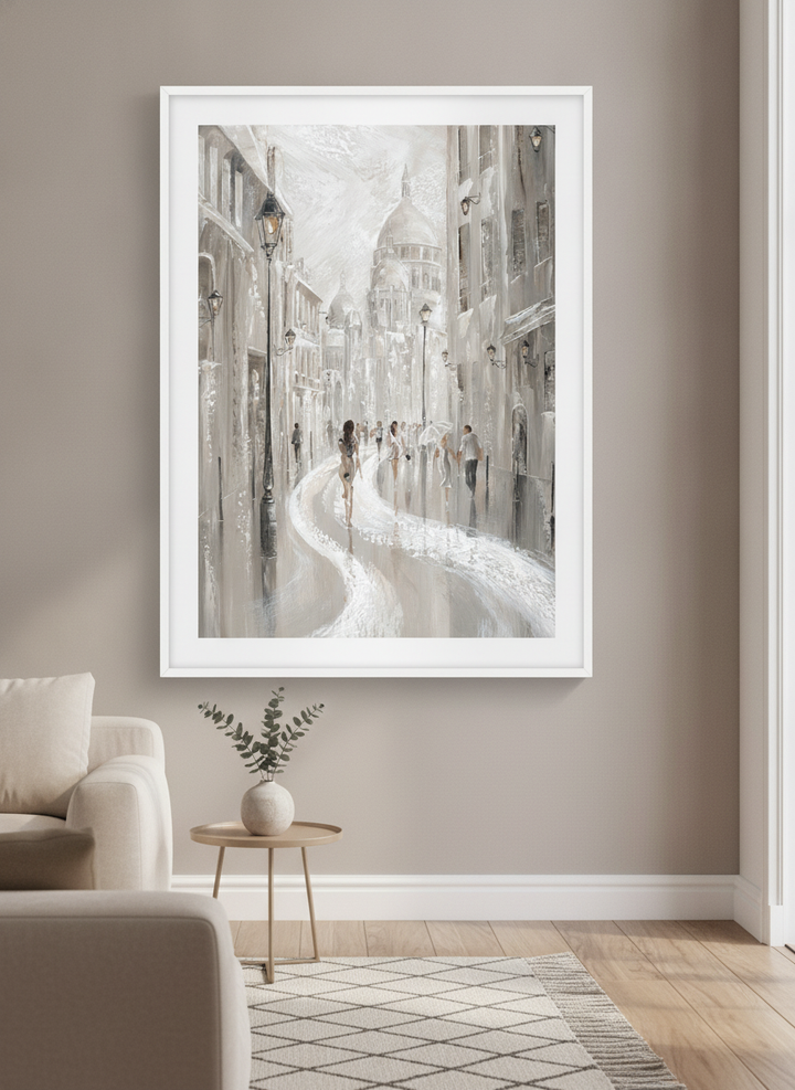 Modern wall art styled above a sofa in a neutral living room